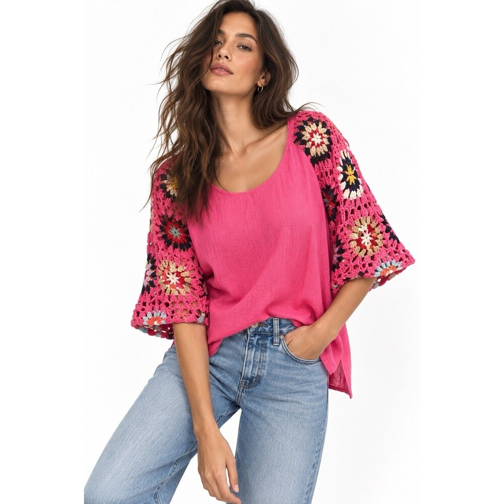 Umgee Pink Linen Blend Crochet Granny Square Sleeve Boho Top Size Large